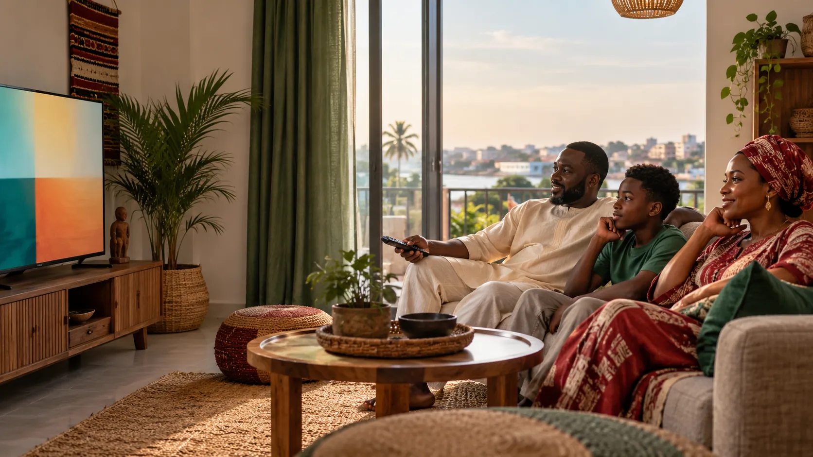 Gambian family watching television together at home near Banjul