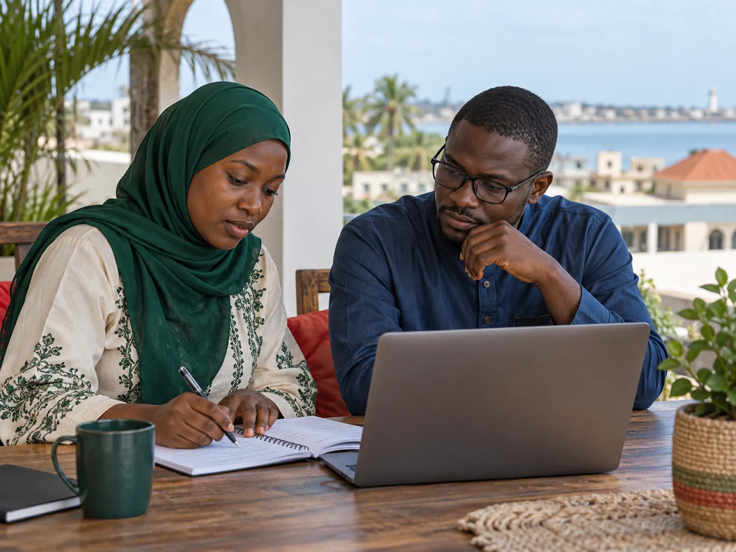 Two Gambian business partners reviewing a service plan in Banjul