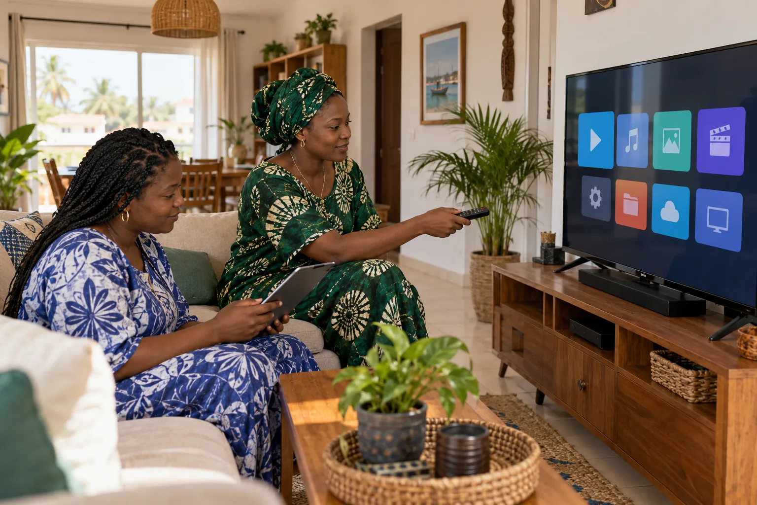 Two Gambian women setting up a television application in Serekunda